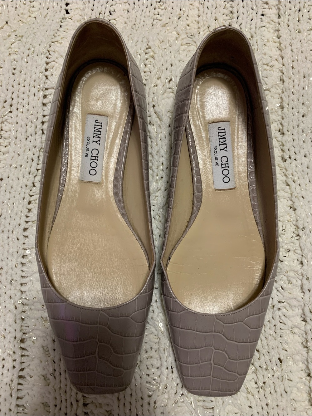 Jimmy Choo Taupe Croc-Embossed Square-Toe Leather Flats Size 39 Luxury Ofiice